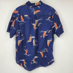 Old Navy Navy Blue Sail Boat Fish Jumping Button Down Hawaiian Style Shirt XL